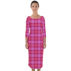 Valentine Pink Red Plaid Quarter Sleeve Midi Bodycon Dress