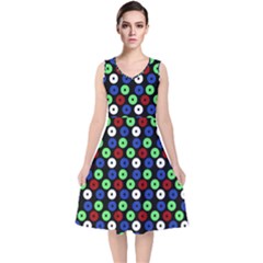 Eye Dots Green Blue Red V-neck Midi Sleeveless Dress 