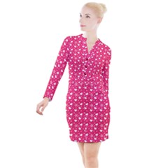 Hearts And Star Dot Pink Button Long Sleeve Dress