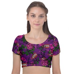 Purple  Rose Vampire Velvet Short Sleeve Crop Top  by snowwhitegirl