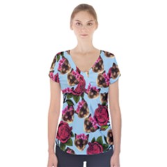 Lazy Cat Floral Pattern Blue Short Sleeve Front Detail Top by snowwhitegirl