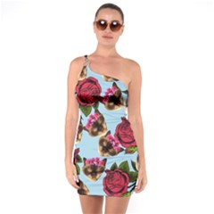 Lazy Cat Floral Pattern Blue One Soulder Bodycon Dress