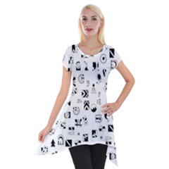 Black Abstract Symbols Short Sleeve Side Drop Tunic by FunnyCow