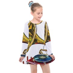 Vintage Gramophone Kids  Long Sleeve Dress by FunnyCow