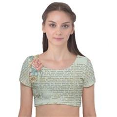 Rose Book Page Velvet Short Sleeve Crop Top 