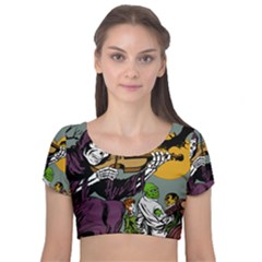 Playing Skeleton Velvet Short Sleeve Crop Top 