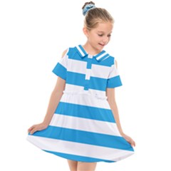 Oktoberfest Bavarian Blue And White Large Cabana Stripes Kids  Short Sleeve Shirt Dress