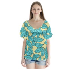 Leaves Dried Leaves Stamping V-neck Flutter Sleeve Top