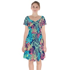 Leaves Tropical Picture Plant Short Sleeve Bardot Dress