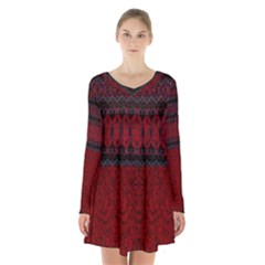 Crush Red Lace Two Patterns  Long Sleeve Velvet V-neck Dress by flipstylezfashionsLLC