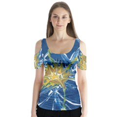 Blue Star Flower Butterfly Sleeve Cutout Tee 