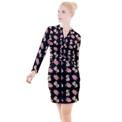 Retro Dog Floral Pattern Button Long Sleeve Dress by snowwhitegirl