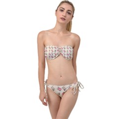 Retro Dog Floral Pattern Ecru Twist Bandeau Bikini Set