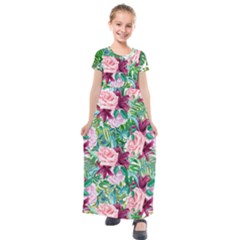 Forest Green Elegant Roses Print Kids  Short Sleeve Maxi Dress  