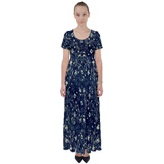 Dark Floral Collage Pattern High Waist Short Sleeve Maxi Dress