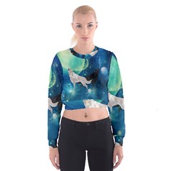 Awesome Black And White Wolf In The Universe Cropped Sweatshirt by FantasyWorld7