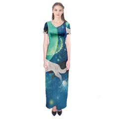 Awesome Black And White Wolf In The Universe Short Sleeve Maxi Dress by FantasyWorld7