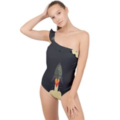 Rocket Space Stars Frilly One Shoulder Swimsuit by Nexatart