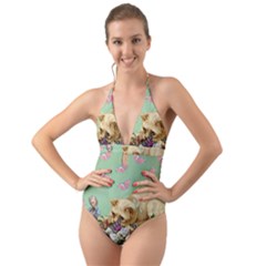 Cat And Butterflies Green Halter Cut-out One Piece Swimsuit