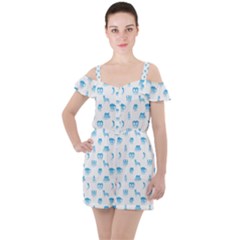 Oktoberfest Bavarian October Beer Festival Motifs In Bavarian Blue Ruffle Cut Out Chiffon Playsuit by PodArtist