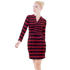 Blood Red And Black Halloween Nightmare Stripes  Button Long Sleeve Dress by PodArtist