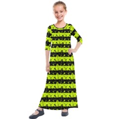 Slime Green And Black Halloween Nightmare Stripes  Kids  Quarter Sleeve Maxi Dress