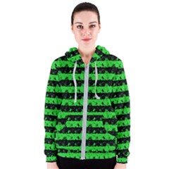 Monster Green And Black Halloween Nightmare Stripes  Women s Zipper Hoodie by PodArtist