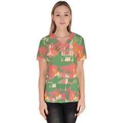 Pink Scratches On A Green Background                                                       Women s V-neck Scrub Top