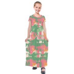 Pink Scratches On A Green Background                                                    Kids  Short Sleeve Maxi Dress