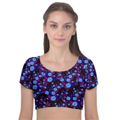 Purple Blue  Roses Velvet Short Sleeve Crop Top 