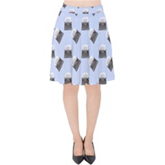 Retro Typewriter Blue Pattern Velvet High Waist Skirt