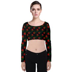 Red Roses Black Velvet Long Sleeve Crop Top