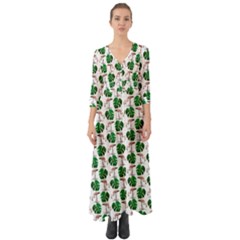 Flamingo Leaf Patttern Button Up Boho Maxi Dress