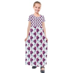 Flamingo Leaf Patttern Blue Kids  Short Sleeve Maxi Dress