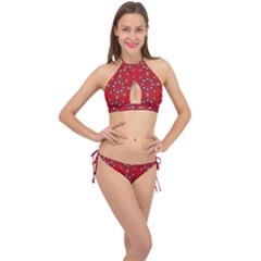 Embroidery Paisley Red Cross Front Halter Bikini Set