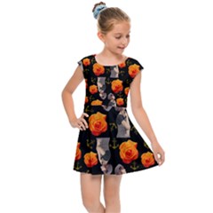 Girl With Roses And Anchors Black Kids Cap Sleeve Dress