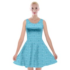 Retro Blue Pattern Velvet Skater Dress