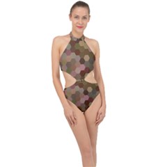 Brown Background Layout Polygon Halter Side Cut Swimsuit by Sapixe