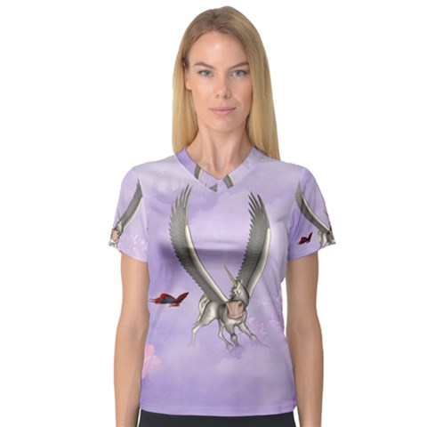 Cute Little Pegasus With Butterflies V-neck Sport Mesh Tee by FantasyWorld7