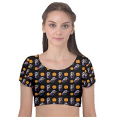 Halloween Skeleton Pumpkin Pattern Black Velvet Short Sleeve Crop Top  by snowwhitegirl