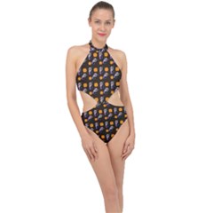 Halloween Skeleton Pumpkin Pattern Brown Halter Side Cut Swimsuit by snowwhitegirl