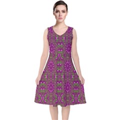 Modern Asian Ornate Pattern V-neck Midi Sleeveless Dress  by dflcprints