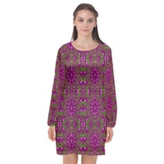 Modern Asian Ornate Pattern Long Sleeve Chiffon Shift Dress  by dflcprints