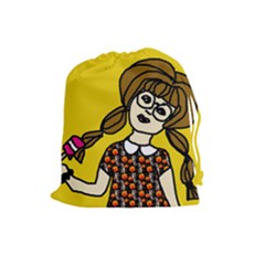 Girl With Popsicle Yellow Background Drawstring Pouch (large) by snowwhitegirl