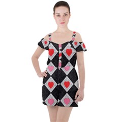 Diamonds Hearts Mosaic Pattern Ruffle Cut Out Chiffon Playsuit