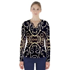 Black Embossed Swirls In Gold By Flipstylez Designs V-neck Long Sleeve Top by flipstylezfashionsLLC