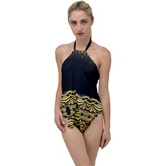 Black Vintage Background With Golden Swirls By Flipstylez Designs  Go With The Flow One Piece Swimsuit