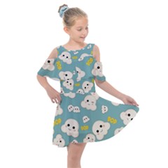 Cute Kawaii Popcorn Pattern Kids  Shoulder Cutout Chiffon Dress