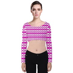 Circles Lines Bright Pink Modern Pattern Velvet Long Sleeve Crop Top