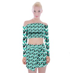 Vintage Camera Chevron Aqua Off Shoulder Top With Mini Skirt Set